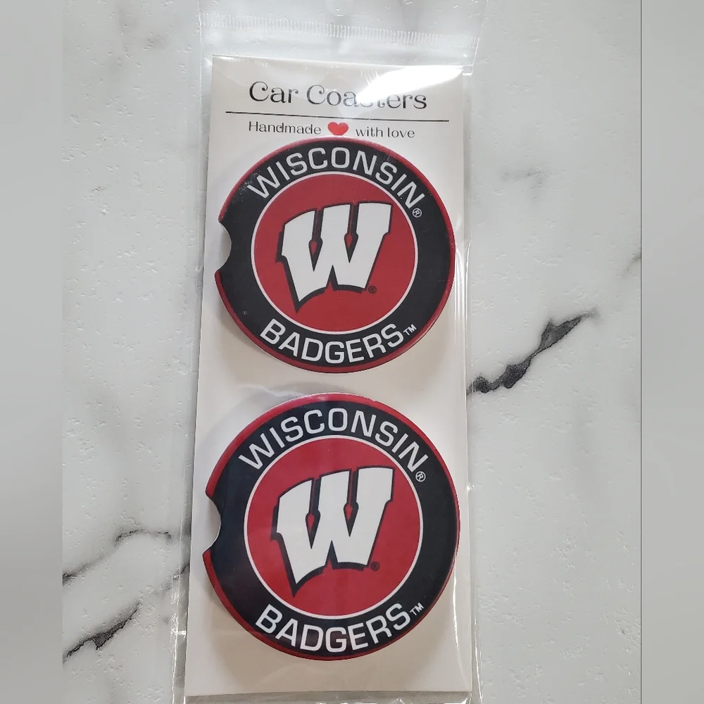 Wisconsin Badgers Set Of 2 Ceramic Car Coasters